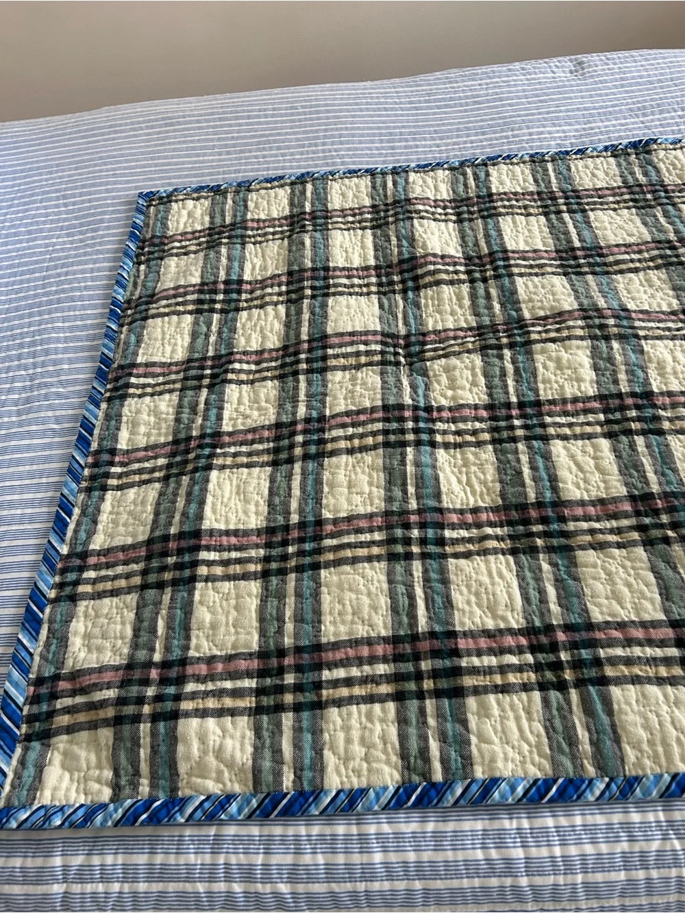 Hand stitched Blue Patchwork Baby Quilt. Size 37”x37”. Freshly laundered, ready